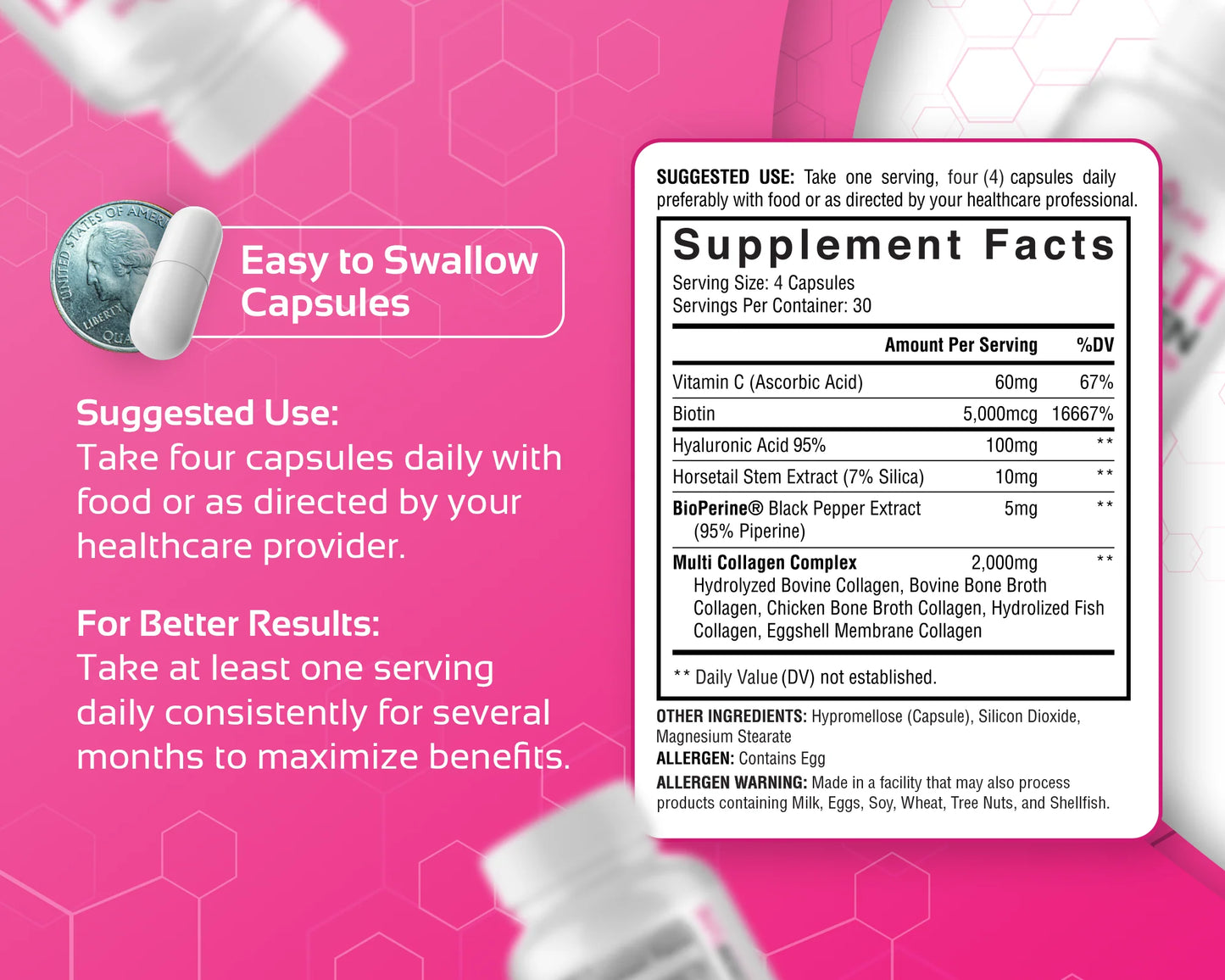 Multi Collagen + Biotin & Hyaluronic Acid for Hair, Skin, Nail & Joint Health, 2000Mg