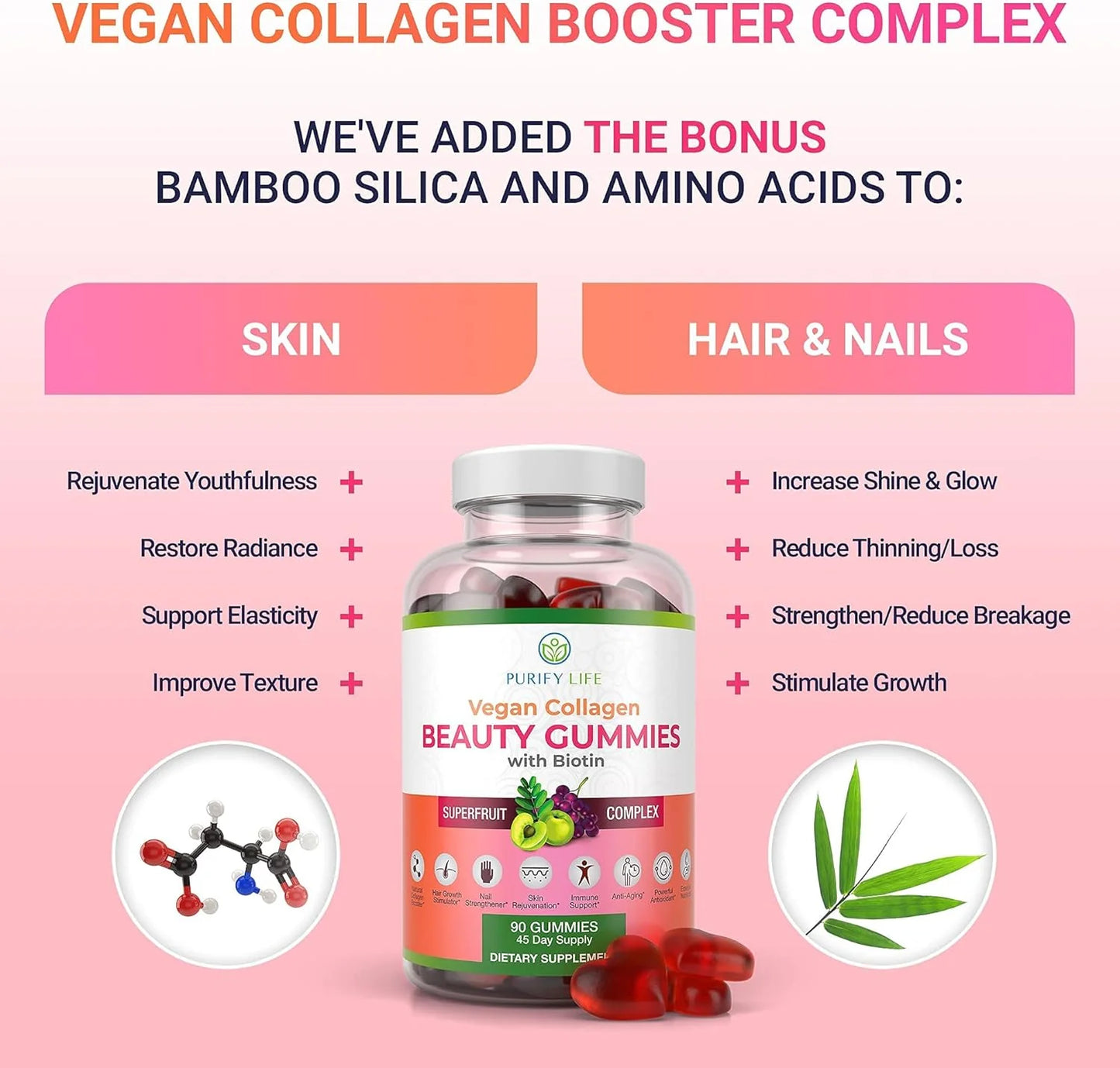 Vegan Collagen Booster Gummies with Biotin Vitamins for Hair Skin and Nails Health, Anti-Aging (90 Chews)