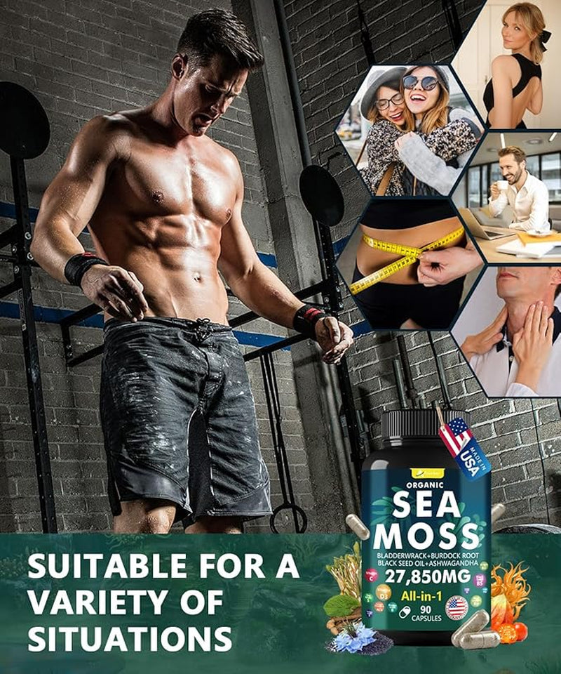 Sea Moss Capsules with Black Seed Oil, Aşhwagandha, Ginger & Vitamin C - Advanced Sea Moss Pills, Wildcrafted Sea Moss, Bladderwrack & Elderberry, 90 Tablets