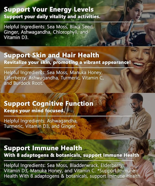 Sea Moss Capsules with Black Seed Oil, Aşhwagandha, Ginger & Vitamin C - Advanced Sea Moss Pills, Wildcrafted Sea Moss, Bladderwrack & Elderberry, 90 Tablets