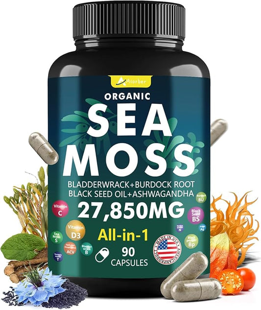 Sea Moss Capsules with Black Seed Oil, Aşhwagandha, Ginger & Vitamin C - Advanced Sea Moss Pills, Wildcrafted Sea Moss, Bladderwrack & Elderberry, 90 Tablets